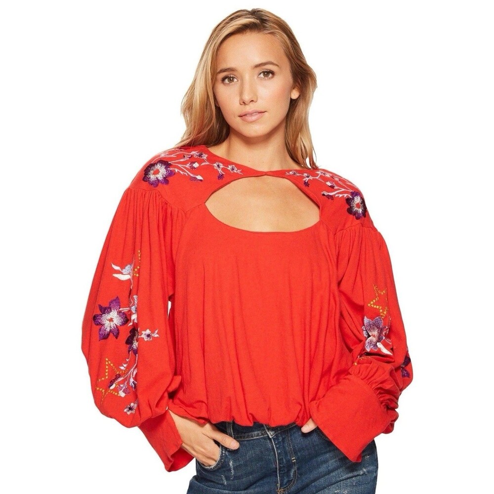 Free People Lita Embroidered Floral Cutout Top Shirt Blouse Red Small Puff Hem
